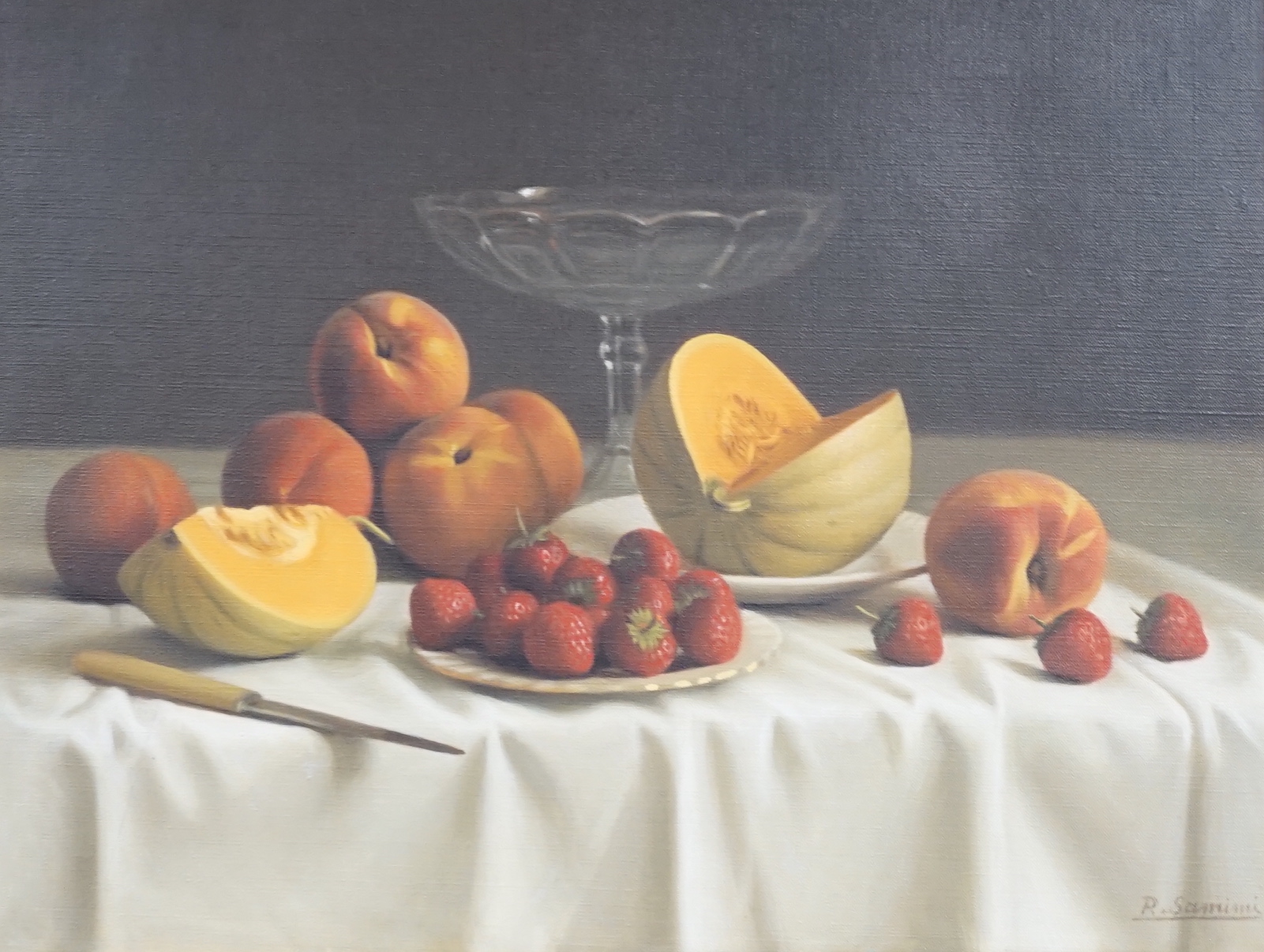 Reza Samimi (Iranian 1919-1991), oil on canvas, Still life of fruit on a table top, signed, 46 x 61cm